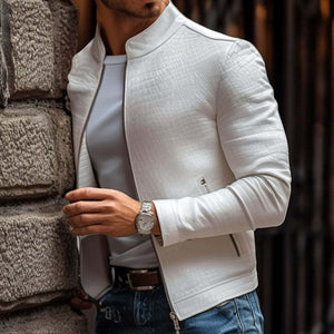 Herrenmode Steinmuster Stehkragen Reißverschluss Slim Fit Lederjacke