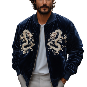Men's Navy Vintage Dragon Embroidered Velvet Jacket
