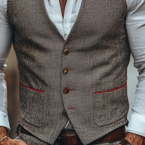 Men's Casual Linen V-neck Single Breasted Patch Pocket Slim Suit Vest