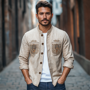 Men's Spring Fashion Retro Western Style Pocket Embroidery Suede Long Sleeve Shirt