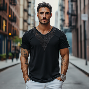 Herrenmode Lässiges Kurzarm-T-Shirt aus Baumwolle mit V-Ausschnitt und Spitze