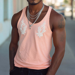 Men's Summer Casual Round Neck Pink Embroidered Tank Top