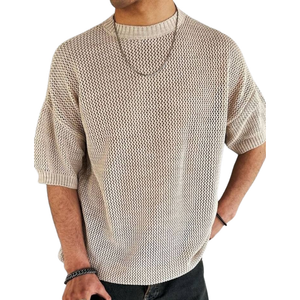 Men's Casual Round Neck Loose Knitted Short Sleeve Sweater T-Shirt