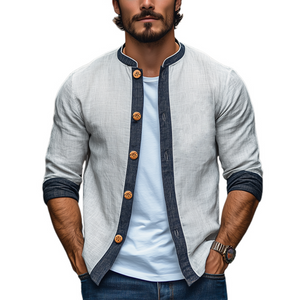 Men's Spring Fashion Classic Retro Cotton And Linen Splicing Long Sleeve Shirt