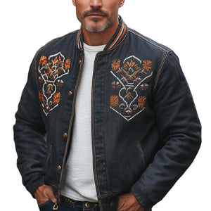 Men's Vintage Western Denim Distressed Embroidered Button Up Jacket