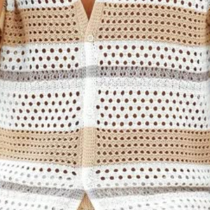 Men's Casual Lapel Single-Breasted Loose Cardigan Elastic Waist Shorts Striped Hollow Knit Set