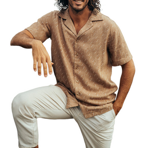 Men's Classic Casual Cuban Collar Cotton And Linen Short Sleeve Shirt