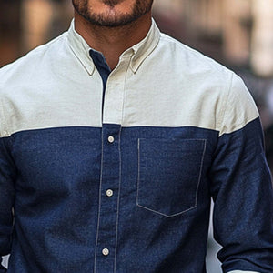 Men's Cotton And Linen Contrast Stitching Basic Long-Sleeved Shirt