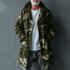 Herren Camouflage Revers Brusttasche Einreihiger Mittellanger Cargo Trenchcoat
