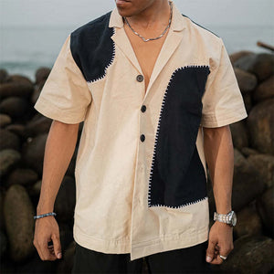 Men's Casual Loose Cotton Contrast Patchwork Short-sleeved Shirt