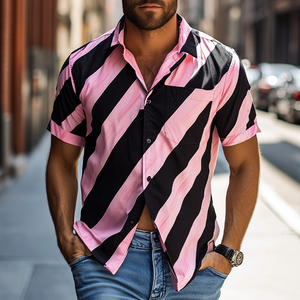 Men's American Casual Striped Printed Chiffon Short Sleeve Shirt