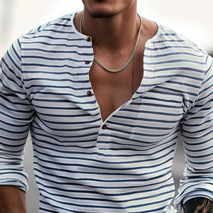 Men's Striped Henley Collar Long Sleeve Casual T-shirt