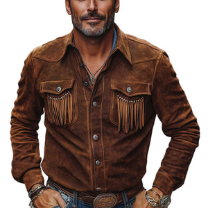 Men's Brown Vintage Lapel Tassel Suede Shirt