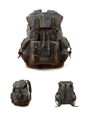 Herren-Rucksack aus Vintage-Canvas-Nähten und Leder mit mehreren Taschen