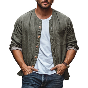 Men's Cotton And Linen Single-Breasted Long-Sleeved Loose Shirt