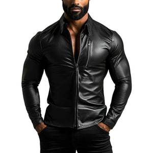 Men's Fashion Lapel Zipper Slim Fit Long Sleeve Leather Shirt