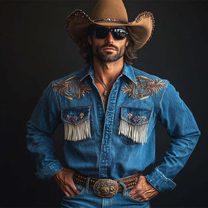 Dunkelblaues Vintage-Western-Jeanshemd mit bestickter Quaste für Herren