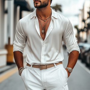 Men's Fashion Casual Glossy Satin Long Sleeve Shirt