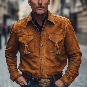 Men's Spring And Autumn Retro Tassel Suede Long Sleeve Shirt