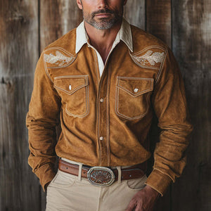Men's Vintage Khaki Western Cowboy Suede Embroidered Long Sleeve Shirt