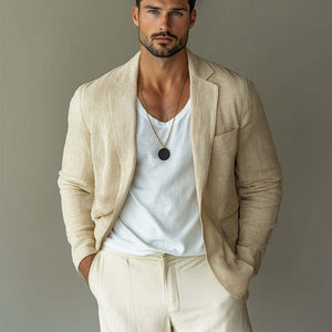 Men's Casual Apricot Cotton And Linen Notched Lapel Blazer