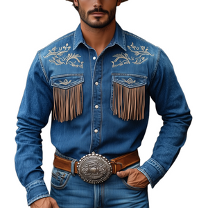 Dunkelblaues Vintage-Western-Jeanshemd mit bestickter Quaste für Herren