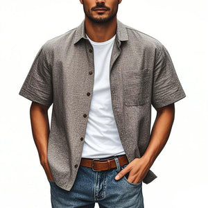 Men's Casual Linen Comfortable Lapel Patch Pocket Single Breasted Loose Short Sleeve Shirt