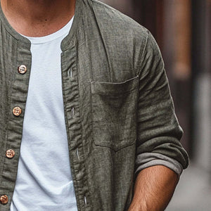 Men's Cotton And Linen Single-Breasted Long-Sleeved Loose Shirt