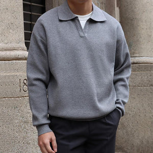 Men's Solid Color Lapel Long Sleeve Knit Polo Shirt