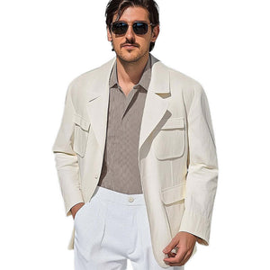 Men's Spring And Autumn Pure White Multi-Pocket Casual Loose Jacket