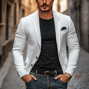 Lässiger Herren-Blazer aus Leinenmischung mit fallendem Revers, einreihig, schmale Passform