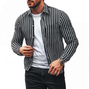 Men's Casual Striped Lapel Loose Long Sleeve Shirt