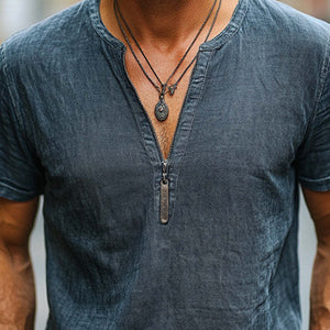 Dunkelblaues Casual-T-Shirt mit halbem Reißverschluss im Used-Look für Herren