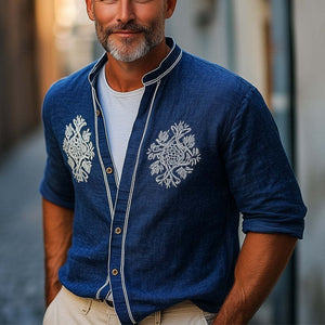 Men's Casual Navy Blue Cotton And Linen Vintage Embroidered Long-Sleeved Shirt