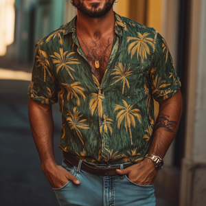 Men's Casual Palm Tree Print Lapel Loose Short Sleeve Shirt
