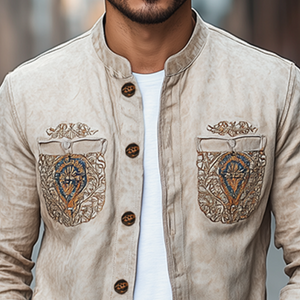 Men's Spring Fashion Retro Western Style Pocket Embroidery Suede Long Sleeve Shirt