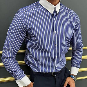Men's Striped Colorblock Lapel Long Sleeve Casual Shirt