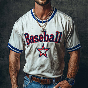 Men's Retro Casual Baseball Printed Round Neck Short Sleeve T-Shirt
