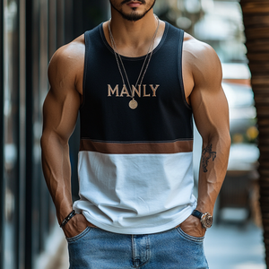 Lässiges Herren-Tanktop aus Baumwolle mit Patchwork-Buchstabenstickerei und schmaler Passform