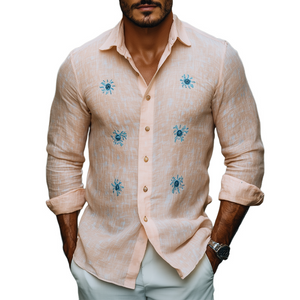 Men's Spring Fashion Casual Ramie Embroidery Long Sleeve Shirt