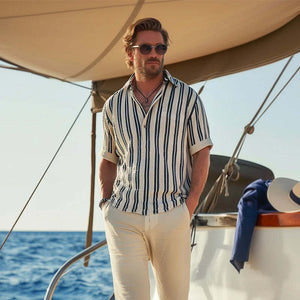 Men's Striped Lapel V-Neck Short Sleeve Shirt