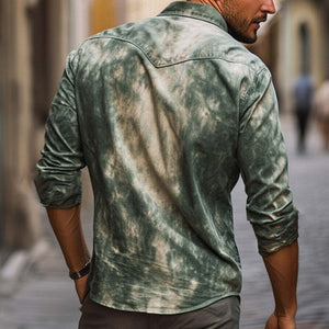 Men's Dark Green Mottled Print Casual Long Sleeve Shirt