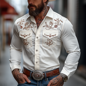 Men's Classic American Western Style Embroidered Slim Fit Cotton Long Sleeve Shirt