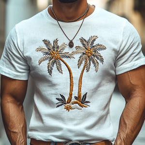 Men's Casual Coconut Tree Embroidery Cotton Round Neck Slim Short Sleeve T-Shirt