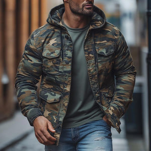 Men's Casual Outdoor Camouflage Hooded Multi-Pocket Single-Breasted Jacket