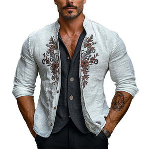 Men's Stand Collar Floral Embroidery Single Breasted Jacket
