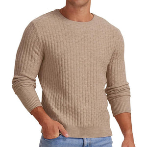 Men's Waffle Solid Color Crew Neck Pullover Knit Sweater