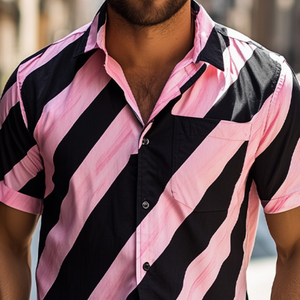Men's American Casual Striped Printed Chiffon Short Sleeve Shirt