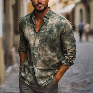 Men's Dark Green Mottled Print Casual Long Sleeve Shirt