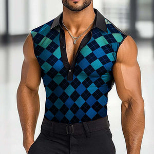 Men's Casual Diamond Mesh Print Lapel Tank Top